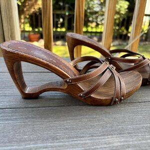Contesa Italian Shoemakers Wooden Platform Sandals Size 9 Leather Made in Italy